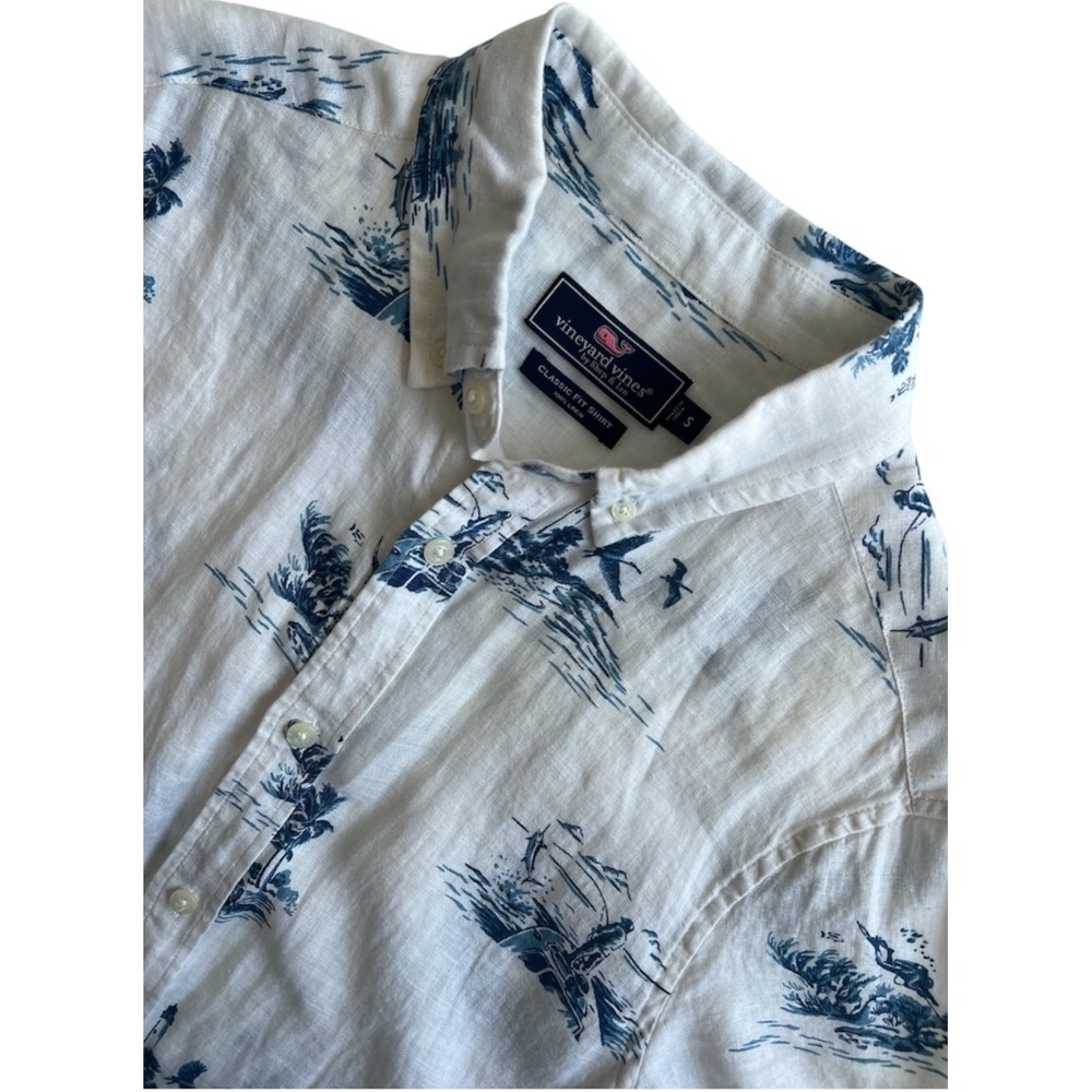 Vineyard Vines Shirt Mens S White Linen Blue Print Short Sleeve